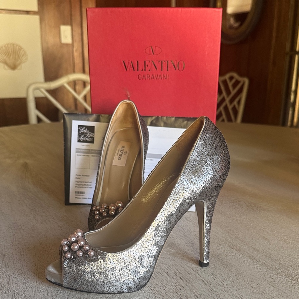 Valentino Pearl Accents Sequins Pumps